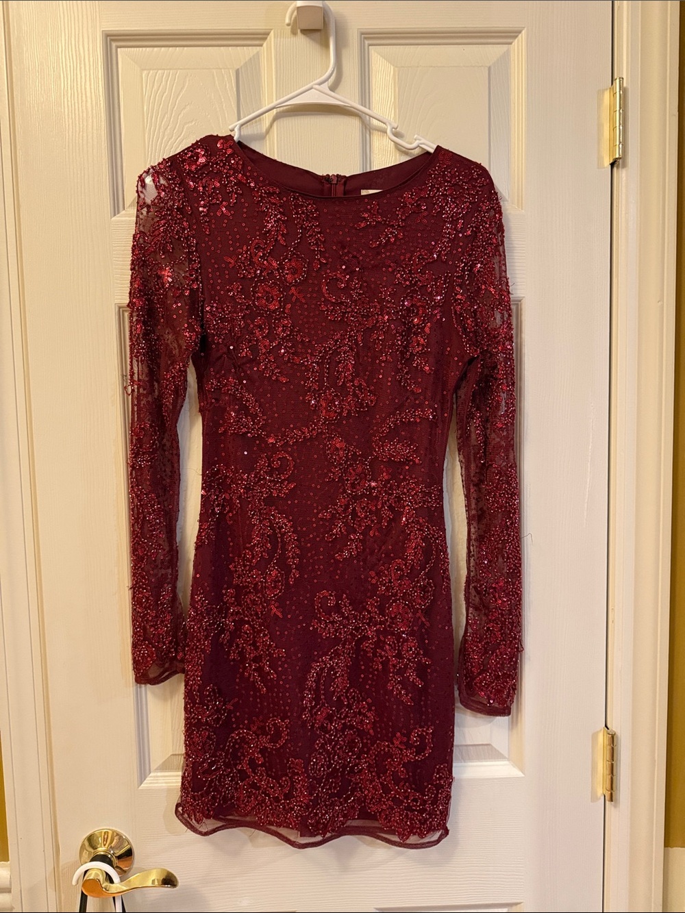 Altar'd State Burgundy Beaded Long-Sleeve Cocktail Dress